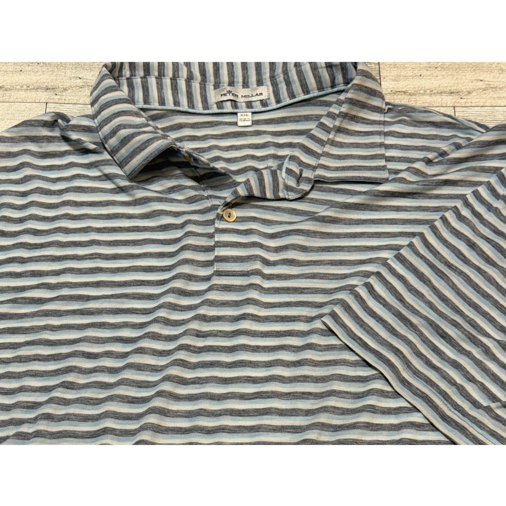 Peter Millar Mens XXL Blue Grey Striped Short Sleeve Performance Polo Shirt